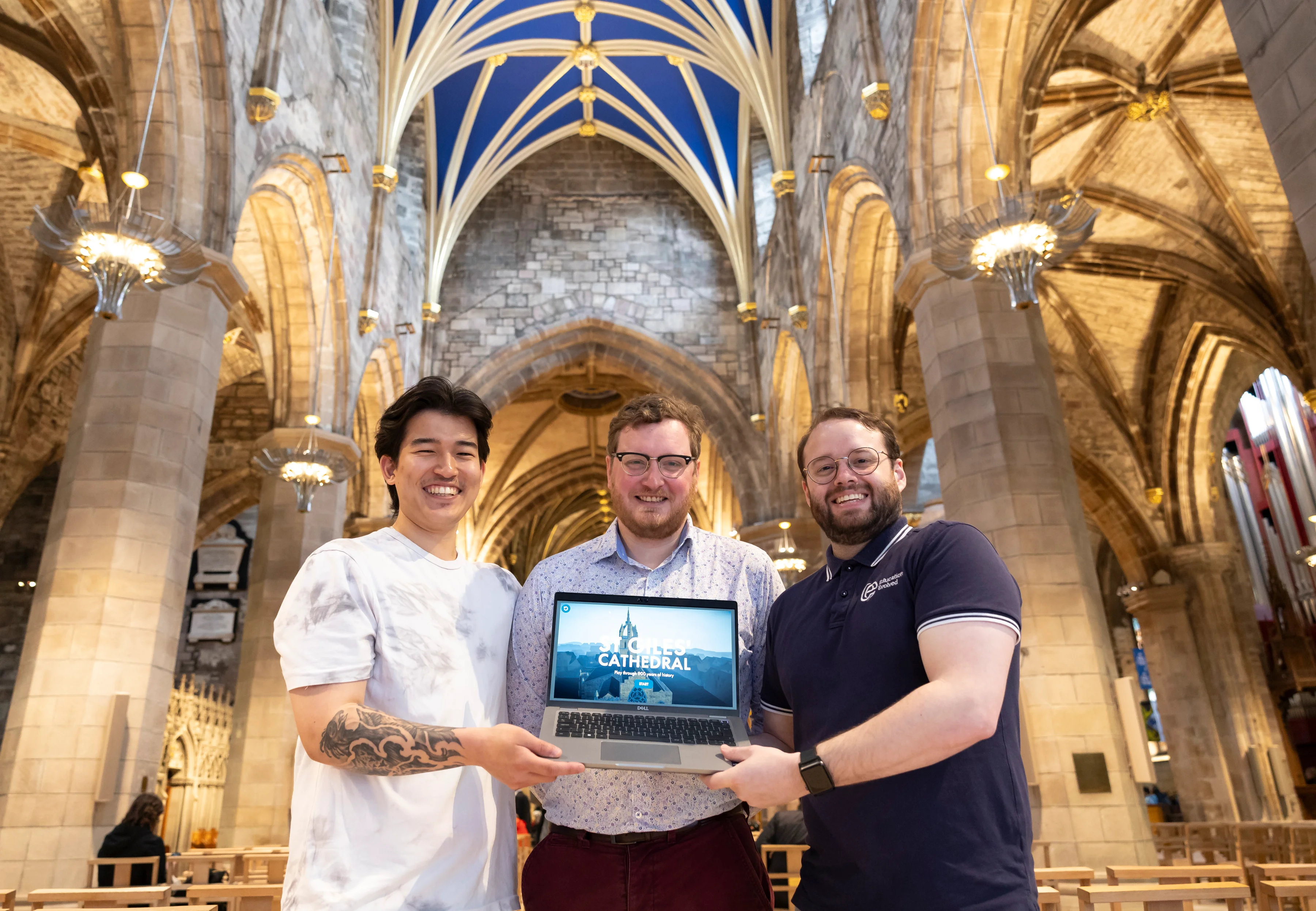 Left to Right: Sumeet Gurung, Co-founder and Lead Developer, Education
Evolved; James Macivor, 3D Modeller, Education Evolved; and Matthew Leeper
PhD, Managing Director and Co-founder, Education Evolved, part of the team who
created a new historical game for St Giles’ Cathedral’s 900th
anniversary.